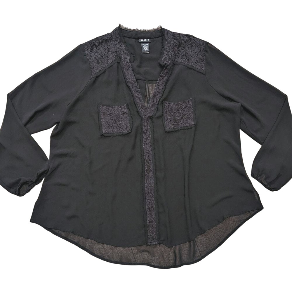 TORRID Plus 1‎ 1X Black Sheer Lace Trim Hi Low Top Shirt Blouse